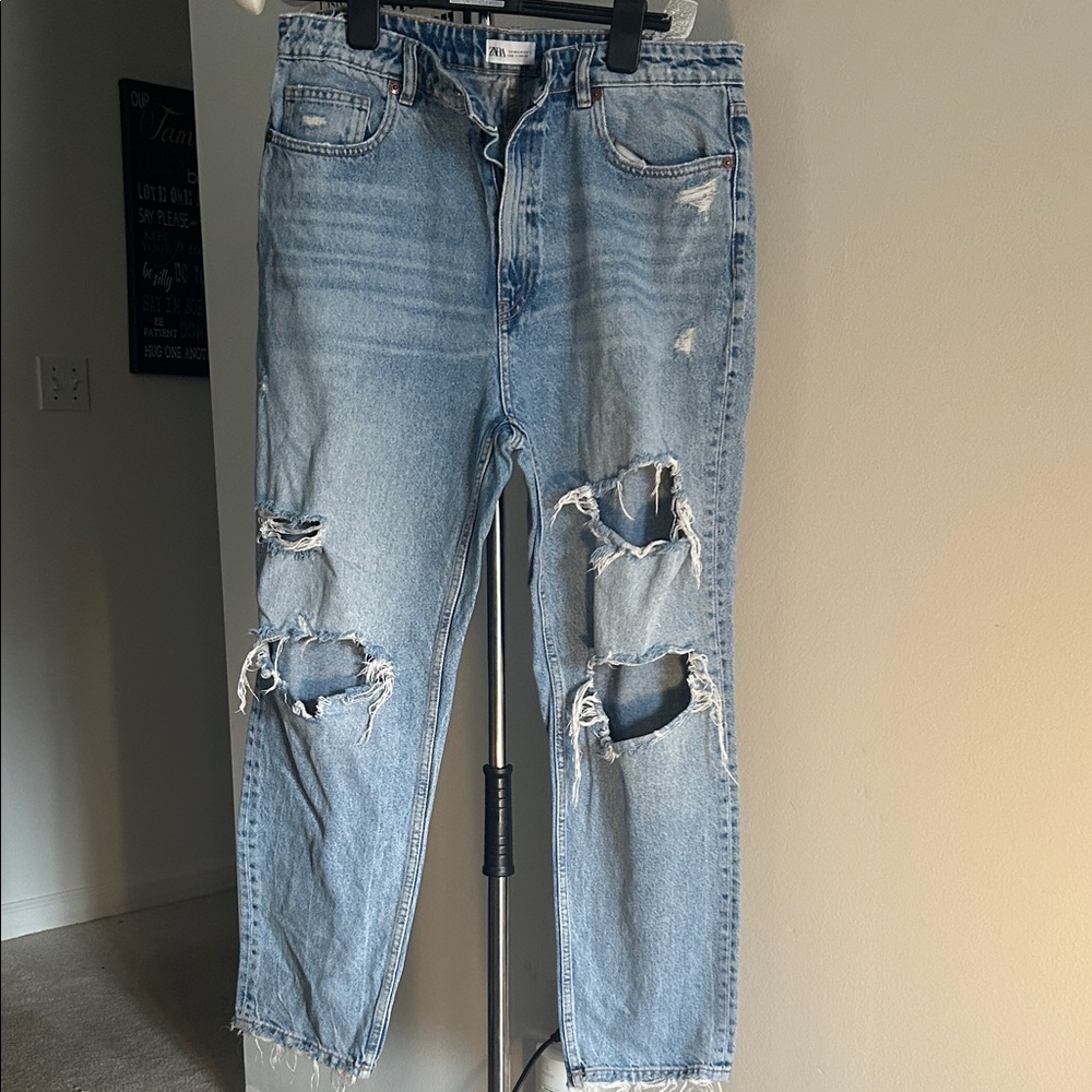 Zara Light Blue Distressed Straight Leg Jeans